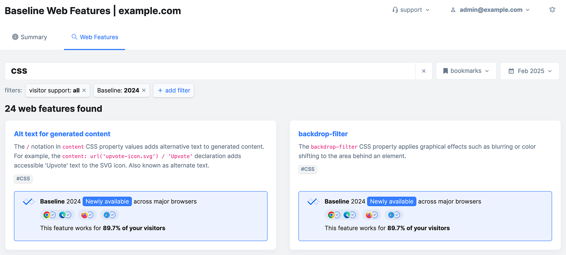 RUMvision 的基准实现可以在产品信息中心显示对 Web 功能的支持情况，让用户能够按单个 Web 功能或基准功能集搜索真实的支持数据。
