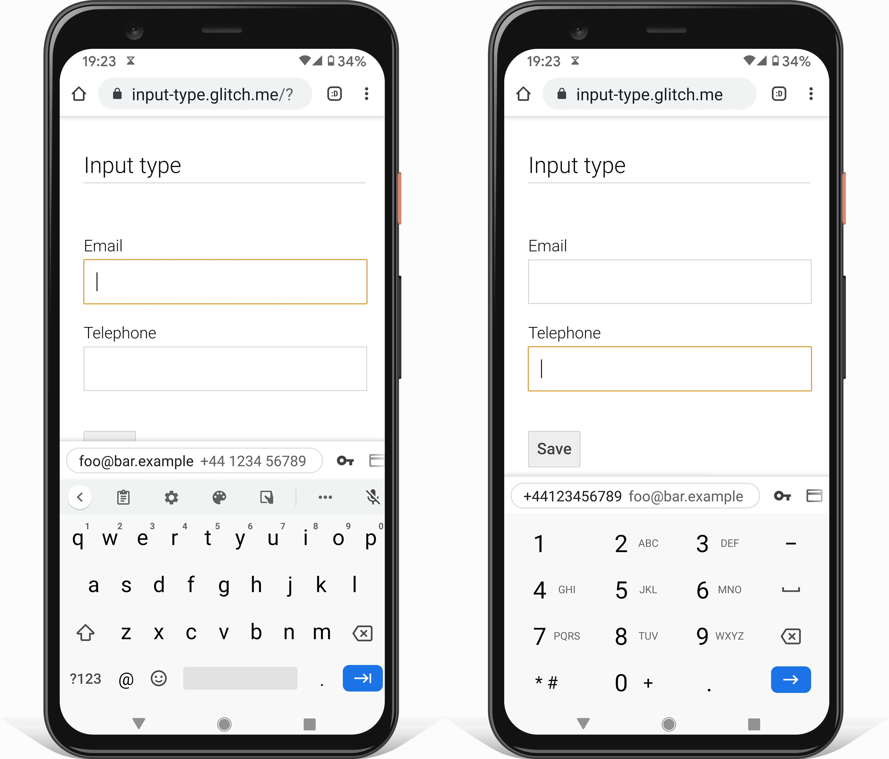 两张 Android 手机屏幕截图,显示了适用于输入电子邮件地址(使用 type=email)和电话号码(使用 type=tel)的键盘。