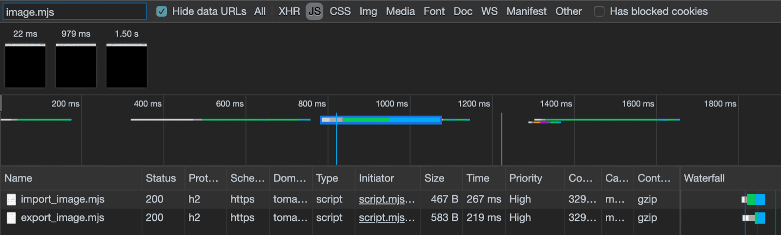 モダン ファイルの読み込みを示す Chrome DevTools。
