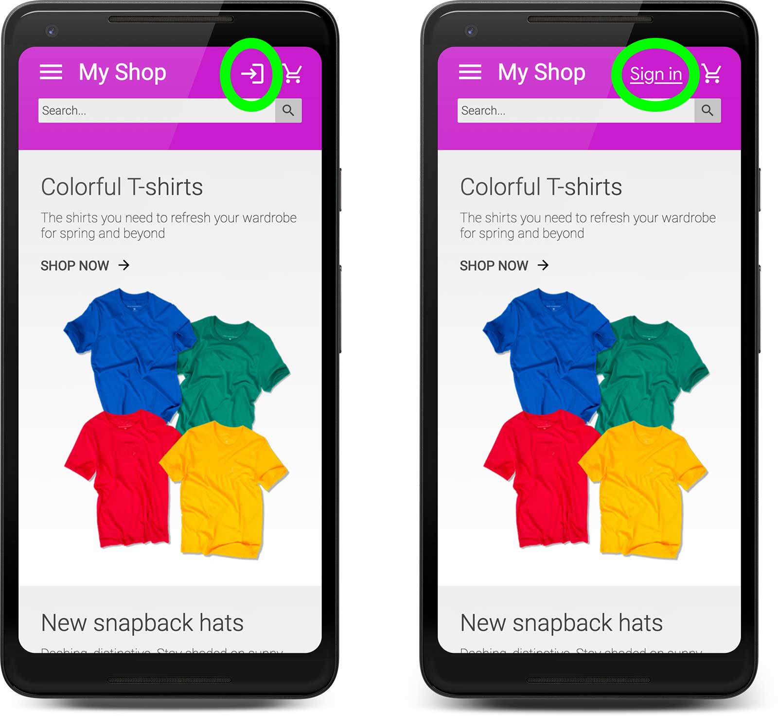 Android telefonda görüntülenen bir e-ticaret web sitesi maketinin iki ekran görüntüsü. Soldaki, oturum açma bağlantısı için biraz belirsiz bir simge kullanıyor; sağdaki ise yalnızca "Oturum aç" yazıyor.